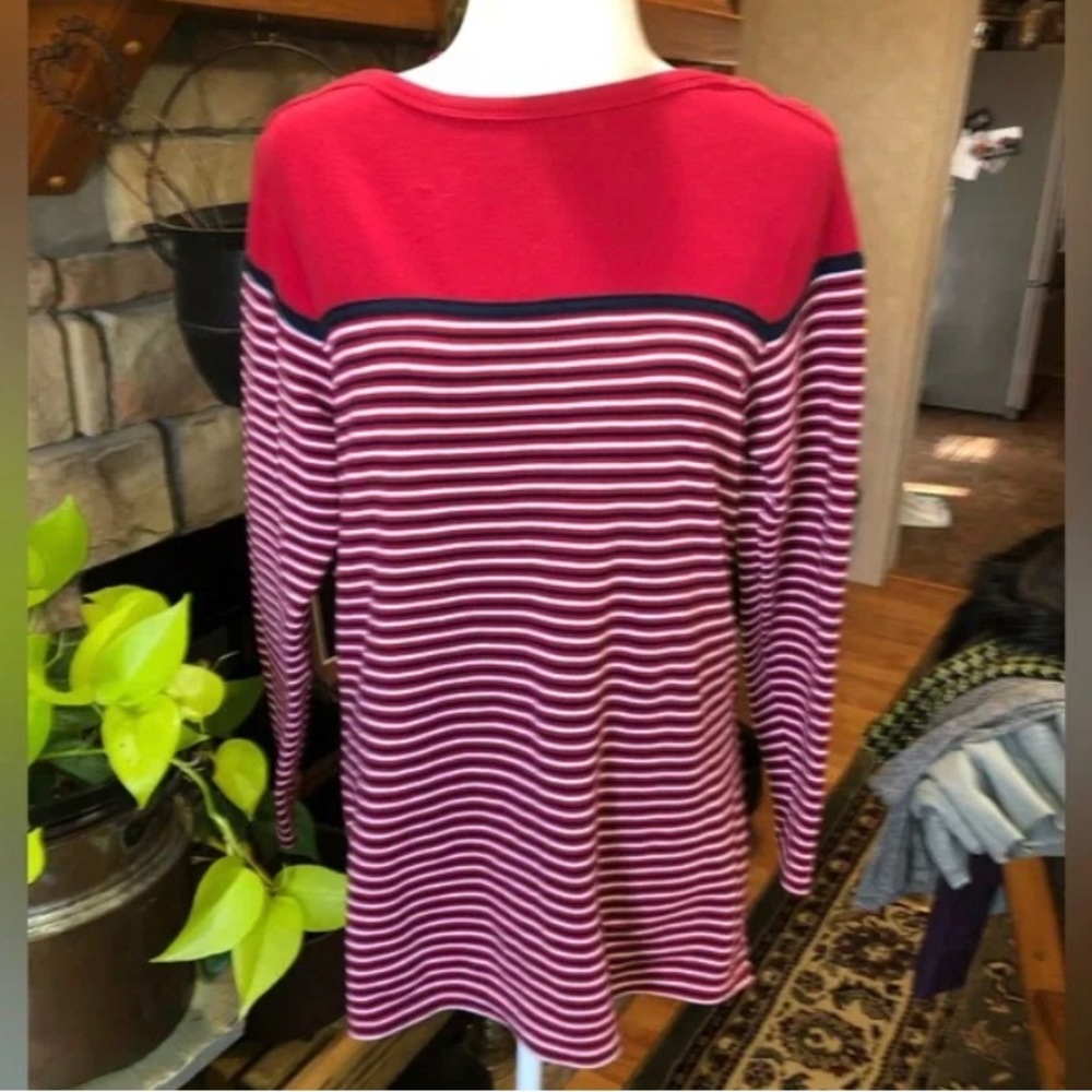 BOBBIE BROOKS SIZE M/L RED WHITE AND BLUE 3/4 SLEEVE BOAT NECK STRIPED TOP